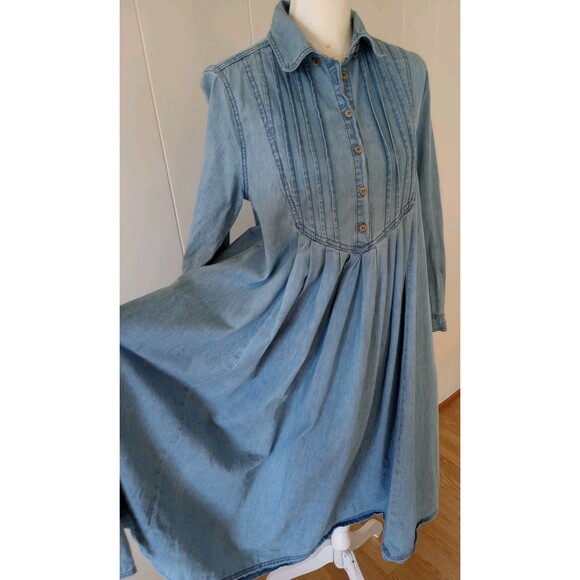 April Cornell Dress Small Denim Pintuck Prairie Boho Peasant Cottage Pockets - Picture 7 of 9